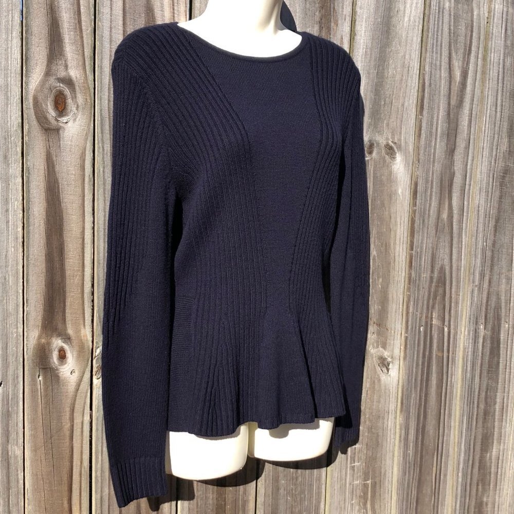 Magaschoni Medium Wool Sweater Pullover Top Peplum Navy Blue Ribbed Long Sleeve - Picture 3 of 7